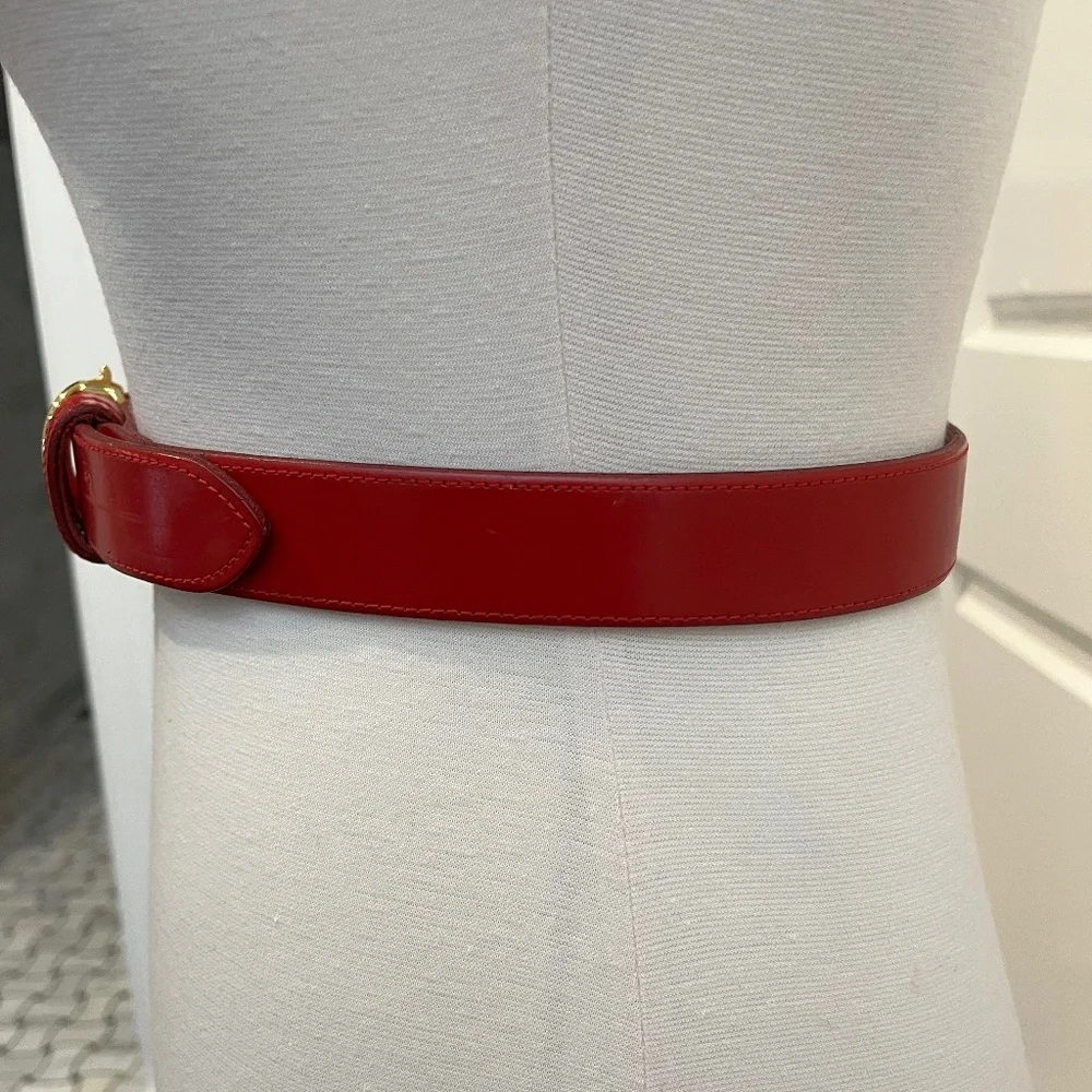 Red Patent Leather Belt with Gold Buckle - Women Accessories